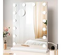 Moziel 40x52cm Specchio da Trucco con Luci, Hollywood da Tavolo o da Parete con Lampadine a 14 Led Tre Colori di Luce e Funzione di Luminosità Regolabile