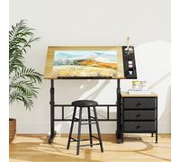 Moziel Tavolo da Disegno Inclinabile da 0 a 60°, Altezza Regolabile con Sgabello, Scrivania per Somputer da Studio di Architettura per Disegnatore Pittore Ingegnere Artista (Colore Legno con Cassetti)