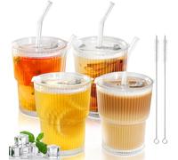 Mozvvco 4 Pezzi Bicchieri da Acqua con Coperchio Ermetico e Cannuccia, Bicchieri in Vetro, Bicchieri da Caffè Freddo, Tazza Caffè Vetro, Bicchieri a Righe per Tè, Caffè, Succhi, Smoothie - 400 ML