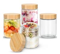 Mozvvco 500ml Barattoli di Vetro con Coperchio in Legno,4 Pezzi Vasetto di Avena per la Notte,Contenitore Vetro per Yogurt,Overnight Oats Jar Vasetti per Yogurt,Vasetti per Marmellata,Insalate,Frutta