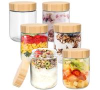 Mozvvco 6 Pezzi Barattoli di Vetro con Coperchio in Legno,500ml Vasetto di Avena Notte,Contenitore Vetro per Yogurt,Overnight Oats Jar Vasetti per Yogurt,Vasetti per Marmellata,Insalate,Frutta
