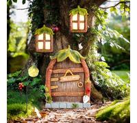 MplehDa Set di 4 statuette per porta delle fate in miniatura, per esterni, finestre, porte, gnomi, sculture da giardino, che si illuminano al buio