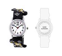 MPM Kids Formula A - Orologio da polso per bambini, cassa in metallo, cinturino in silicone con motivo auto da corsa di colore nero, quadrante bianco con numeri arabi colorati, Nero
