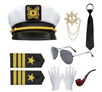 Mprocen Accessori per costume da yacht, capitano regolabile, cappello da capitano dorato, spilla a spalla, fischietto prop, cravatta nera occhiali da sole per Halloween, carnevale, cosplay a tema