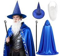 Mprocen Mistico Mago Mantello completo con design a stelle, bacchetta magica e barba per fantasy cosplay carnevale e avventure LARP