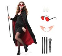 Mprocen Set di mantello da vampiro, 140 cm, reversibile, rosso e nero, con colletto rialzato, set da 7 pezzi di accessori per costume con occhiali, un paio di orecchie, un paio di protesi e uno