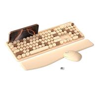 MPTOG Tastiera e mouse wireless colorati con supporto per telefono, poggiapolsi, tasti macchina da scrivere, wireless da 2,4 GHz, mouse ottico di dimensioni standard per PC e laptop (tè al latte)