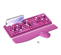 MPTOG Tastiera e mouse wireless colorati con supporto per telefono, poggiapolsi, tasti macchina da scrivere, wireless da 2,4 GHz, mouse ottico di dimensioni standard per PC e laptop (rosa-rosso)