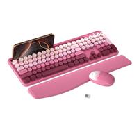 MPTOG Tastiera e mouse wireless colorati con supporto per telefono, poggiapolsi, tasti macchina da scrivere, mouse ottico wireless da 2,4 GHz, per PC e laptop (rosa-rosso colorato)