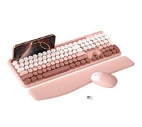 MPTOG Tastiera e mouse wireless colorati con supporto per telefono, poggiapolsi, tasti per macchina da scrivere, wireless da 2,4 GHz, mouse ottico di dimensioni standard per PC e laptop (pesca