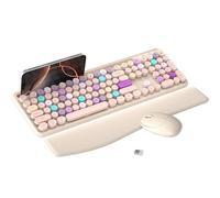 MPTOG Tastiera e mouse wireless colorati con supporto per telefono, poggiapolsi, tasti per macchina da scrivere, wireless da 2,4 GHz, mouse ottico di dimensioni standard per PC e laptop (cachi)