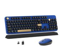 MPTOG Tastiera e mouse wireless colorati con tasti rotondi per macchina da scrivere, design retrò, interruttore di alimentazione, design ergonomico, wireless a 2,4 GHz per Windows, Mac, PC (nero-blu)