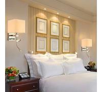 MQDLJSE Applique a LED per Interni con Porta di Ricarica USB, Lampada da Parete con faretti Gemelli orientabili a 350°, Paralume in Tessuto di Lino Regolabile, Interruttore a Pulsante, lam