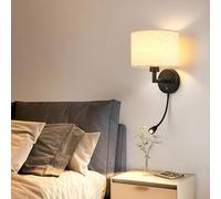 MQDLJSE Applique a LED per Interni, Lampada da Parete con Pulsante e Porta di Ricarica USB, Applique da Parete, Rotazione di 360° per Camera da Letto, Soggiorno, Studio (Nero, Luce Calda)