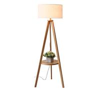 MQDLJSE Lampada da Terra Classica in Legno con Ripiani, Lampada da Terra con treppiede e Paralume cilindrico in Tessuto, Interruttore a Pedale, Attacco E27, Lampada da Terra Moderna per so
