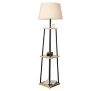 MQDLJSE Lampada da Terra Moderna con Ripiani, Lampada da Lettura con Contenitore in Legno e Paralume in Lino Beige, Lampada da mensola Nera per Soggiorno, Camera da Letto, Ufficio. È così