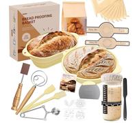 MQFORU Set di 30 cestini per lievitazione, 25 cm, rotondi e ovali, in silicone, 730 ml, per brodo con spazzola, raschietto e rivestimento in lino, per la fermentazione dell'impasto