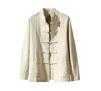 MQMYJSP Camicia da uomo in lino manica lunga patchwork colletto alto canapa camicia stile cinese retrò taglio ampio tempo libero, cachi, XL