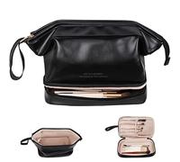 MQPALZKD Grande borsa for il trucco Borsa for cosmetici a doppio strato Borsa da toilette for organizer spaziosa in pelle PU for le donne(Blue,White)