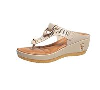 MQSHUHENMY Rome Summer Women Flip Flops Wedges Thick Slippers, High Heel Flip Flops for Women, Women's High Heel Platform Wedge Flip-Flops Beach Sandals (37,Beige)