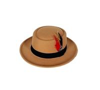 MQVQAUBST Cappello Vintage Pork Pie Cappello Fedora da Uomo in Feltro con Tesa arrotolata con Piume Cappello da Chiesa da Uomo Trilby Taglia US 7 1/4 UK L(Camel)