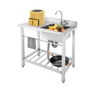 Mqwdxzfes Lavello da cucina in acciaio inox, con scolapiatti destro, con rubinetto e ripiano per ristorante, bar, cucina, 80 x 55 x 84 cm