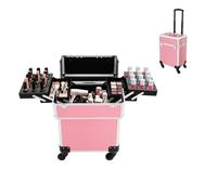 Mqwdxzfes Valigetta cosmetica trolley, professionale in alluminio, per trucchi e parrucchieri, con ruote, serratura e manico telescopico, grande trolley per truccatori e parrucchieri (rosa)
