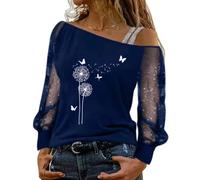 MQYXGS Camicetta da Donna Camicia a Maniche Lunghe Colletto Diagonale Trasparente Casual con Spalle Scoperte Top Slim Fit T-Shirt con Stampa Dente di Leone Top a Tunica Sciolto (A-Blu/M)