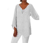 MQYXGS Camicetta Patchwork in Lino di Cotone Estivo da Donna Camicette Manica 3/4 Taglie Forti Scollo a V Tinta Unita T-Shirt Allentata Casual Tunica Top Shirt Bluse Camicie Magliette Camicia S-5XL