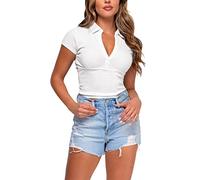 MQYXGS Camicia da Donna con Scollo a V Manica Corta Top da Donna Vintage Slim Fit T-Shirt Sexy Aderente Tinta Unita Shirt Magliette Camicetta Camicie Maglietta Camicette Nero caffè Grigio Bianco M-XL