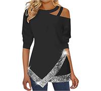 MQYXGS Camicie da Donna Girocollo Maglie a Maniche Lunghe Patchwork Camicia con Spalle Scoperte T-Shirt con Paillettes Irregolari Magliette a Tunica Casual Larghe Shirt Camiciette Bluse Camicietta