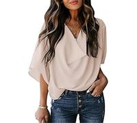 MQYXGS Camicie in Chiffon da Donna Camicia Estive Con Scollo a V Magliette Casual Top a Tunica Con Maniche a Campana Comfort Oversize Tinta Unita T-Shirt Eleganti Maglietta Larghe Bluse(Albicocca/3XL)