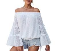MQYXGS Donna con Spalle Scoperte Manica a Campana Swiss DOT Top Svasato Camicetta Allentata Casual Tinta Unita con Spalle Scoperte Camicia a Maniche Lunghe con Volant in Chiffon T-Shirt (A-Bianco/S)