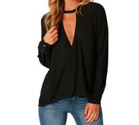 MQYXGS T-Shirt da Donna Sexy Scollo a V Profondo Camicia a Maniche Lunghe Casual Slim Top T-Shirt Tinta Unita Chiffon Tunica Top (A-Nero/M)