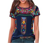 MQYXGS Top Estivo da Donna con Stampa Boho Camicetta Girocollo a Maniche Corte T-Shirt Stile Etnico Sciolto Shirt con Top a Tunica Maglietta Camicie Bluse Magliette Camicette Camicia(Blu/48)