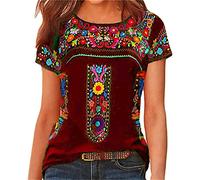 MQYXGS Top Estivo da Donna con Stampa Boho Camicetta Girocollo a Maniche Corte T-Shirt Stile Etnico Sciolto Shirt con Top a Tunica Maglietta Camicie Bluse Magliette Camicette Camicia(Rosso/38)
