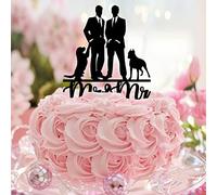 Mr And Mr Cake Topper Acrilico Nero Con Cane Gatto Spiaggia Lui E Il Suo Matrimonio Cake Topper Silhouette LGBT Forniture Per Festa di Nozze Personalizzati Coppia Nomi Data Est Uomini Regali di
