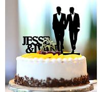Mr And Mr Cake Topper Acrilico Nero Romance Sposo E Sposo Topper per torta nuziale Silhouette Due Groomsmen Decorazioni per torta nuziale Nome personalizzato Data Est Date Gay Coppia Regali 15,2 cm