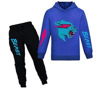 Mr Beast - Felpa con cappuccio e pantaloni, motivo: gatto con fulmine, set da 2 pezzi, per ragazze, Blu, 9-10 Years