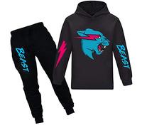 Mr Beast - Felpa con cappuccio e pantaloni, motivo: gatto con fulmine, set da 2 pezzi, per ragazze, Nero , 9-10 Years