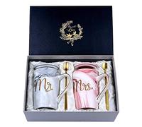 Mr E Mrs Tazze Caffè Coppia, Idee Regalo Matrimonio Sposi Originale, Regali di Nozze e Anniversario Fidanzamento, Tazze Marmo Ceramico 400ml con Cucchiai, Coperchi e Biglietto D'auguri, Scatola Regalo
