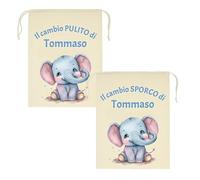 Mr. Gadgets Set 2 Sacchetti Asilo Personalizzati con Nome - Sporco & Pulito - Taglie Diverse 25x30cm o 30x40cm- Cambio Bimbo Scuola Nido Materna (Elefante, M 20x30 Cm)