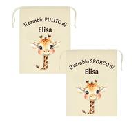 Mr. Gadgets Set 2 Sacchetti Asilo Personalizzati con Nome - Sporco & Pulito - Taglie Diverse 25x30cm o 30x40cm- Cambio Bimbo Scuola Nido Materna (Giraffa, M 20x30 Cm)