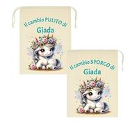 Mr. Gadgets Set 2 Sacchetti Asilo Personalizzati con Nome - Sporco & Pulito - Taglie Diverse 25x30cm o 30x40cm- Cambio Bimbo Scuola Nido Materna (Unicorno, M 20x30 Cm)