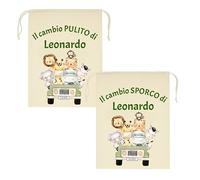 Mr. Gadgets Set 2 Sacchetti Asilo Personalizzati con Nome - Sporco & Pulito - Taglie Diverse 25x30cm o 30x40cm- Cambio Bimbo Scuola Nido Materna (Macchinina Safari, M 20x30 Cm)