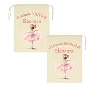 Mr. Gadgets Set 2 Sacchetti Asilo Personalizzati con Nome - Sporco & Pulito - Taglie Diverse 25x30cm o 30x40cm- Cambio Bimbo Scuola Nido Materna (Ballerina, M 20x30 Cm)