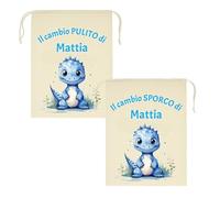 Mr. Gadgets Set 2 Sacchetti Asilo Personalizzati con Nome - Sporco & Pulito - Taglie Diverse 25x30cm o 30x40cm- Cambio Bimbo Scuola Nido Materna (Draghetto, M 20x30 Cm)