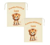 Mr. Gadgets Set 2 Sacchetti Asilo Personalizzati con Nome - Sporco & Pulito - Taglie Diverse 25x30cm o 30x40cm- Cambio Bimbo Scuola Nido Materna (Leone, M 20x30 Cm)
