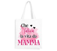 Mr. Gadgets Shopper Festa della Mamma-Riutilizzabili 100% Cotone-Con manici lunghezza 67cm -Dimentisoni 38x42 (Che fatica la vita da mamma)