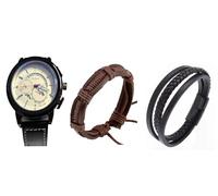 Mr. Gadget's Solutions Orologio analogico da uomo, casual, in pelle, quadrante rotondo, datario, cassa nera, orologio sportivo da polso con 2 bracciali, set da 3 pezzi, Nero , Moderno